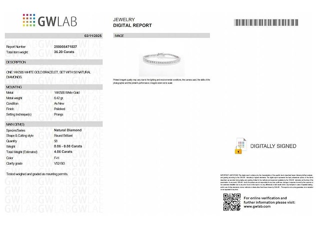 14 karaat witgouden armband met 4,06 crt. natuurlijke diamant - afbeelding 2 van  6