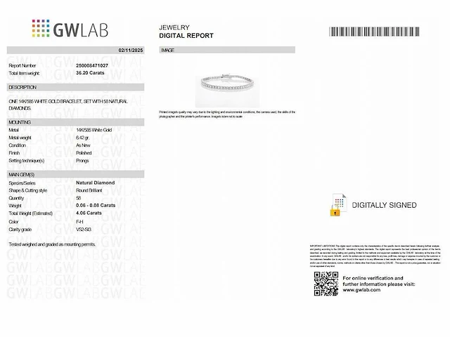 14 karaat witgouden armband met 4,06 crt. natuurlijke diamant - afbeelding 2 van  6