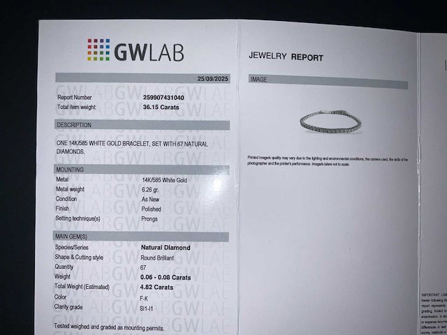 14 karaat witgouden armband met 4,82 crt. natuurlijke diamant - afbeelding 10 van  11
