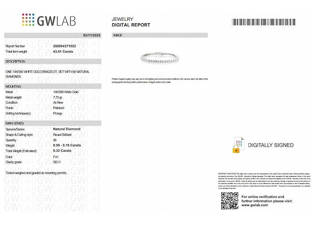 14 karaat witgouden armband met 5,32 crt. natuurlijke diamant - afbeelding 2 van  6