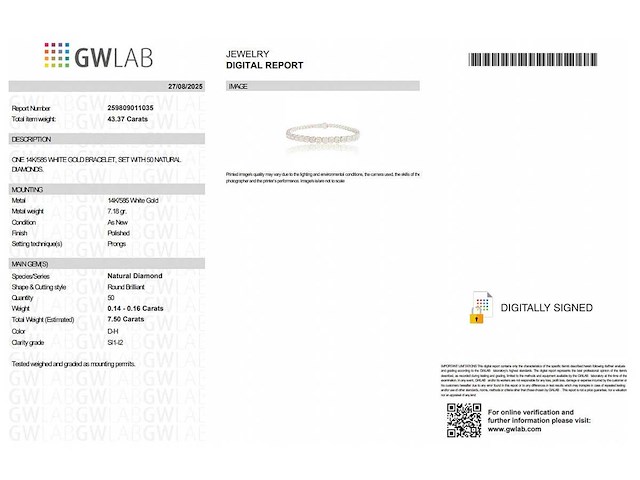 14 karaat witgouden armband met 7,50 crt. natuurlijke diamant - afbeelding 2 van  6