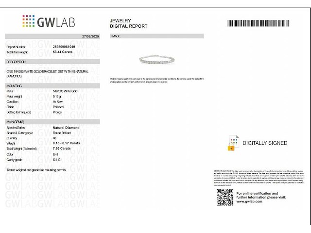 14 karaat witgouden armband met 7,66 natuurlijke diamant - afbeelding 2 van  6