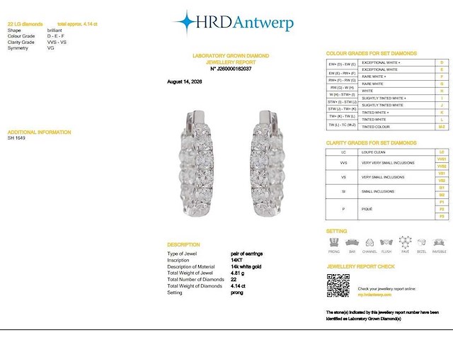 14 karaat witgouden oorringen met 4,14 ct. diamant - afbeelding 2 van  8