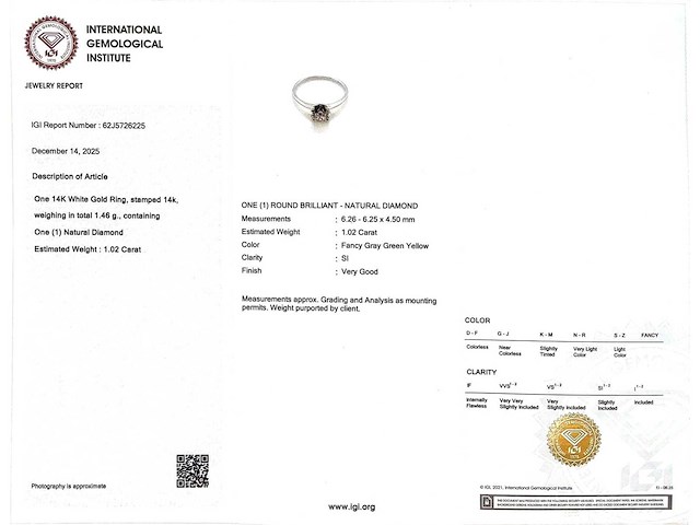 14 karaat witgouden ring met 1,02 crt natuurlijke diamant - afbeelding 3 van  6