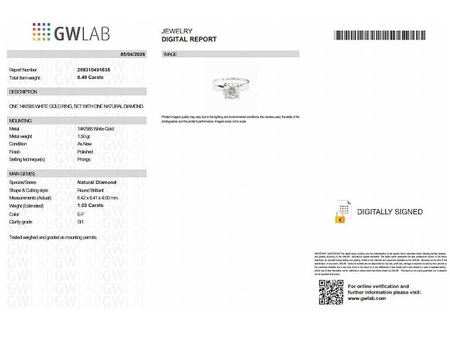 14 karaat witgouden ring met 1,03 ct. natuurlijke diamant - afbeelding 2 van  7