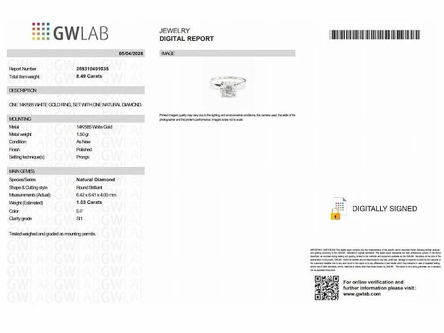 14 karaat witgouden ring met 1,03 ct. natuurlijke diamant - afbeelding 2 van  7