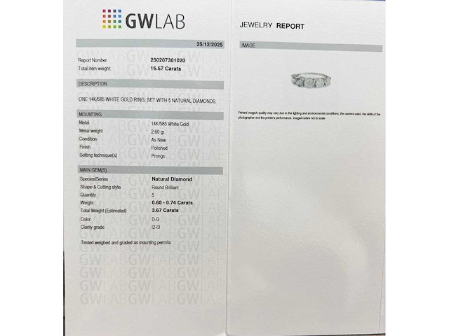 14 karaat witgouden ring met 3,67 natuurlijke diamant d-g - afbeelding 2 van  6