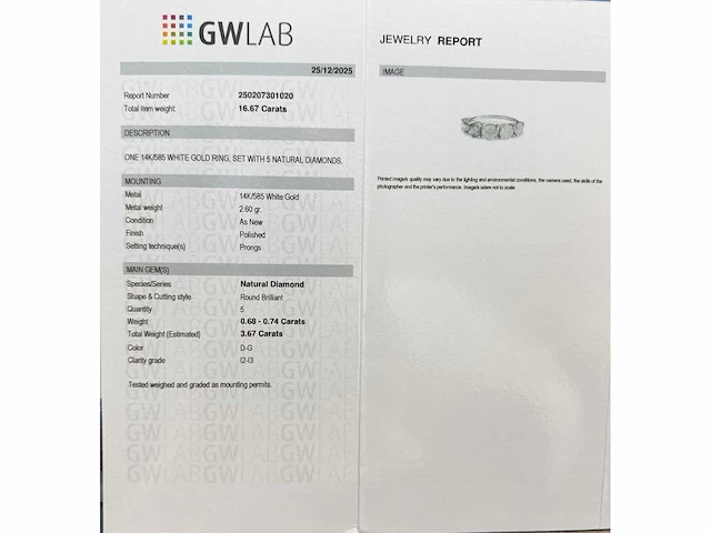 14 karaat witgouden ring met 3,67 natuurlijke diamant d-g - afbeelding 2 van  6