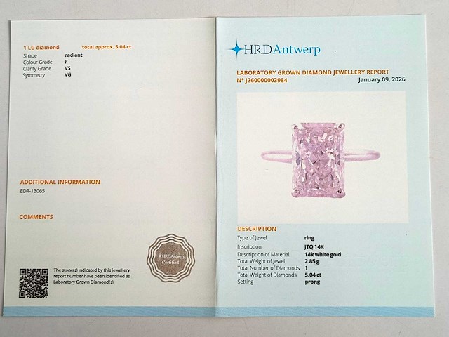 14 karaat witgouden ring met 5,04 ct. diamant - afbeelding 2 van  6