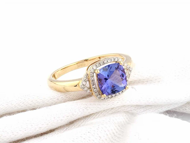 14 kt geelgouden ring met 1,74 cts natuurlijke diamant en tanzaniet - afbeelding 5 van  10