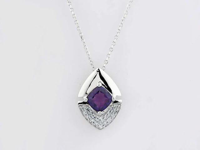 14 kt witgouden ketting met hanger van 1,06 cts natuurlijke diamant en amethist - afbeelding 1 van  7