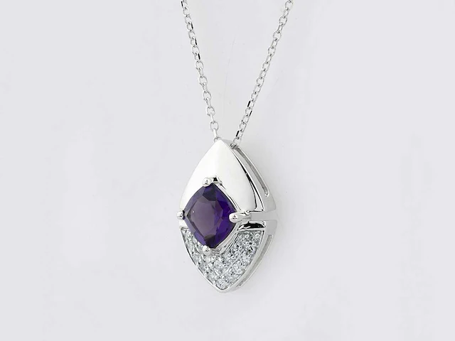 14 kt witgouden ketting met hanger van 1,06 cts natuurlijke diamant en amethist - afbeelding 2 van  7