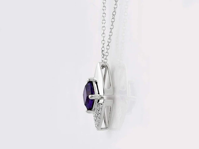 14 kt witgouden ketting met hanger van 1,06 cts natuurlijke diamant en amethist - afbeelding 3 van  7