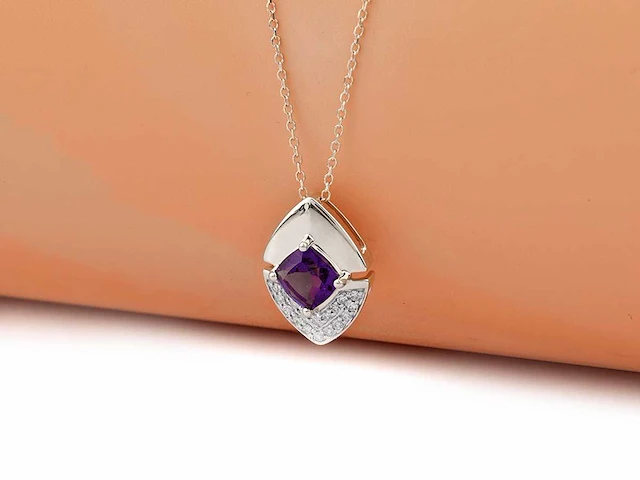14 kt witgouden ketting met hanger van 1,06 cts natuurlijke diamant en amethist - afbeelding 4 van  7