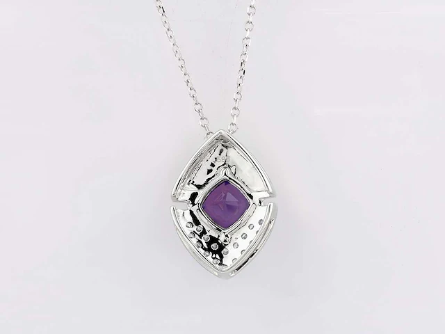 14 kt witgouden ketting met hanger van 1,06 cts natuurlijke diamant en amethist - afbeelding 5 van  7