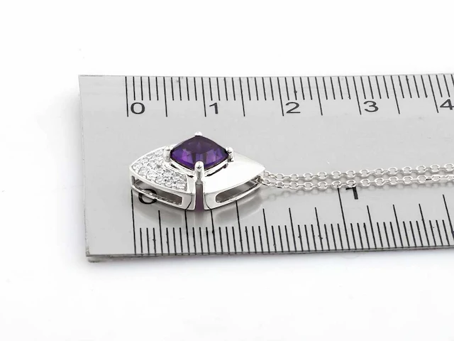 14 kt witgouden ketting met hanger van 1,06 cts natuurlijke diamant en amethist - afbeelding 6 van  7
