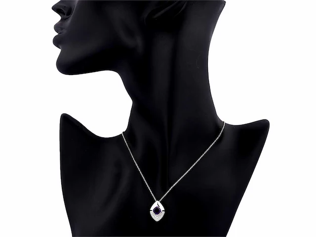 14 kt witgouden ketting met hanger van 1,06 cts natuurlijke diamant en amethist - afbeelding 7 van  7