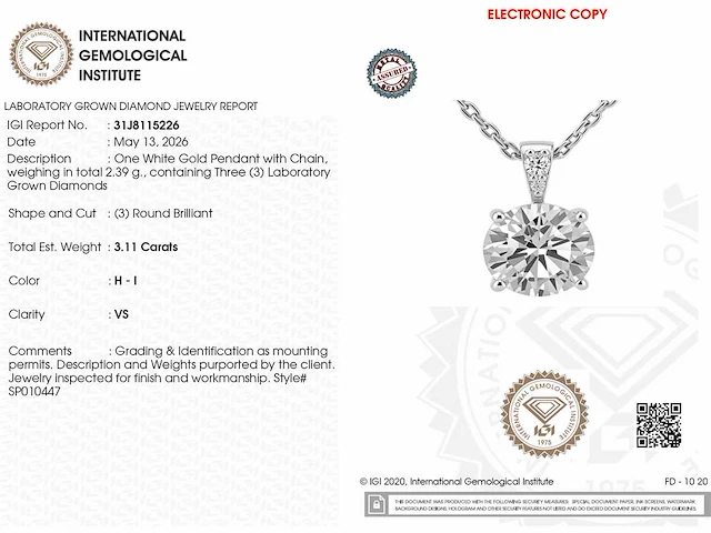 14 kt witgouden ketting met hanger van 3,11 cts laboratoriumgekweekte diamant - afbeelding 3 van  8