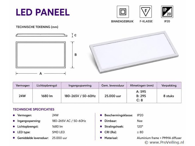 16 x led paneel 24w – 3000k warm wit - 595x295mm – ip20 – zodiac-24 - afbeelding 4 van  5