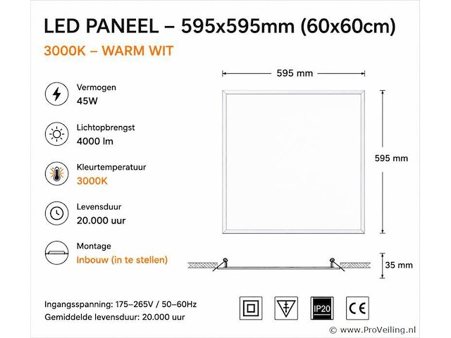 16 x led paneel 45w – 3000k warm wit - 595x595mm – ip20 – galaksi - afbeelding 4 van  5