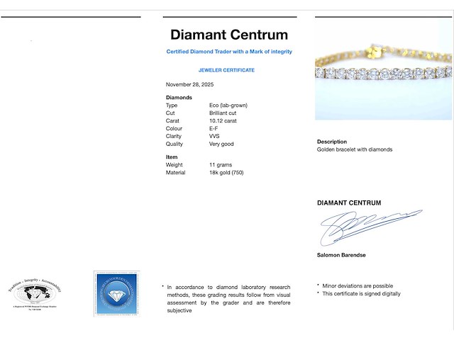 18 karaat gouden tennisarmband met briljant geslepen diamanten van 10 carat - afbeelding 3 van  7