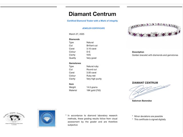 18 karaat gouden tennisarmband met diamanten en robijnen - afbeelding 3 van  4