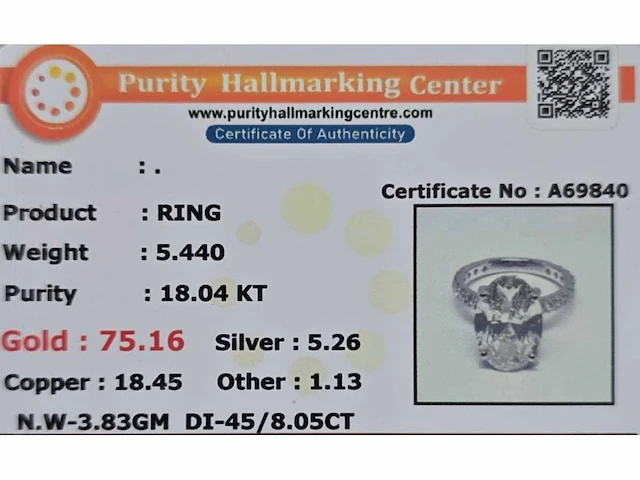 18 karaat witgouden ring met 8,00 ct. diamant - afbeelding 12 van  12