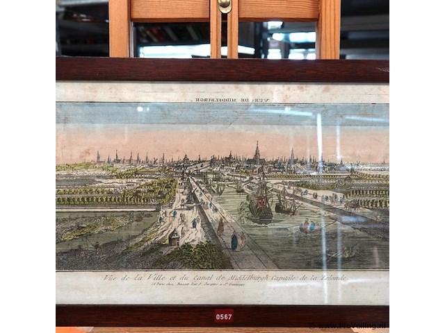 18e-eeuwse "vue d'optique" (perspectiefprent) getiteld "vue de la ville et du canal de middelburgh capitale de la zelande". - afbeelding 2 van  5