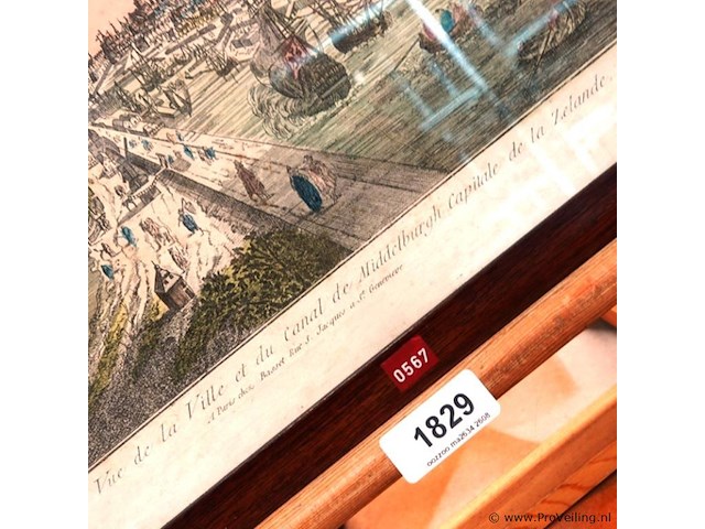 18e-eeuwse "vue d'optique" (perspectiefprent) getiteld "vue de la ville et du canal de middelburgh capitale de la zelande". - afbeelding 3 van  5