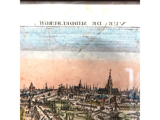 18e-eeuwse "vue d'optique" (perspectiefprent) getiteld "vue de la ville et du canal de middelburgh capitale de la zelande". - afbeelding 4 van  5