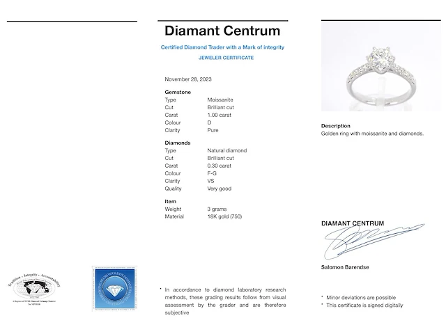 18k witgouden ring, moissaniet 1.00 ct en diamant 0.30 ct - afbeelding 8 van  8