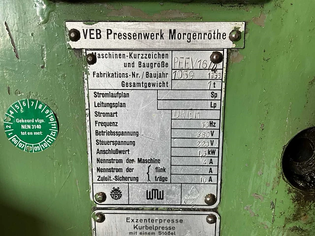 1956 veb pressenwerk peev 16/4 excenterpers - afbeelding 6 van  7