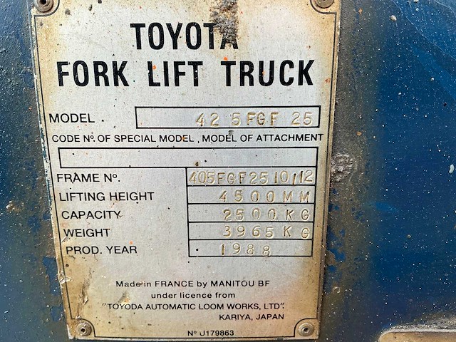 1988 toyota 42 5 fgf 25 vorkheftruck - afbeelding 12 van  18