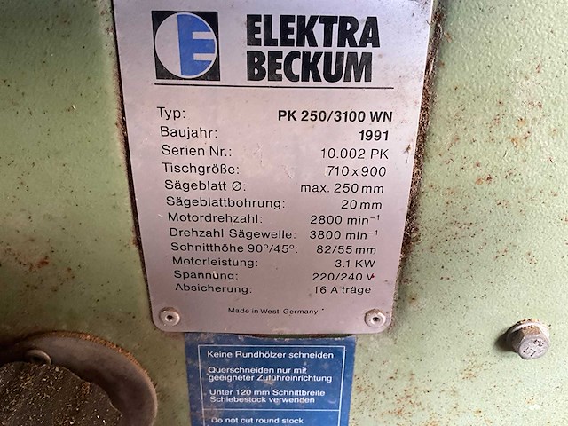 1991 elektra beckum pk 250/3100 wn zaagtafel - afbeelding 2 van  2