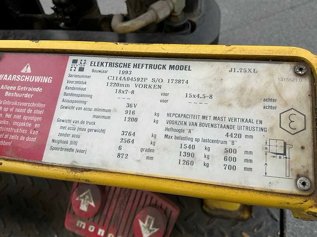1993 hyster j1.75xl vorkheftruck elektrisch - afbeelding 4 van  12