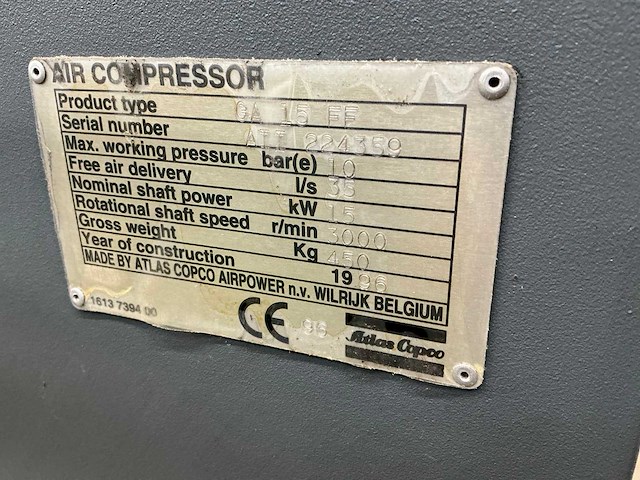 1996 atlas copco ga15ff schroefcompressor - afbeelding 9 van  9