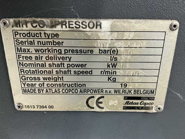 1996 atlas copco ga15ff schroefcompressor - afbeelding 7 van  7