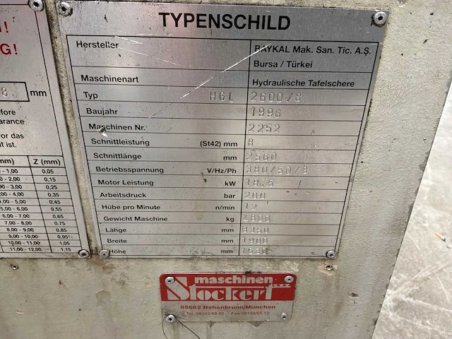 1996 baykal hgl 2600/8 hydraulische guillotineschaar - afbeelding 9 van  17