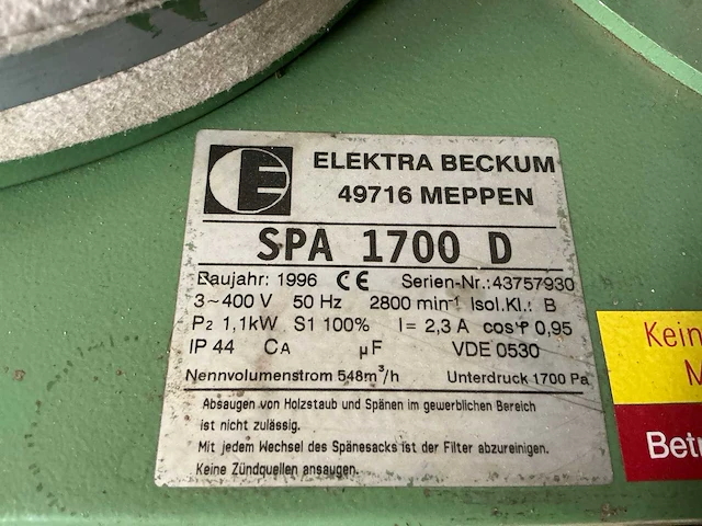 1996 elektra beckum spa 1700 d mobiele filterafzuiginstallatie - afbeelding 4 van  5