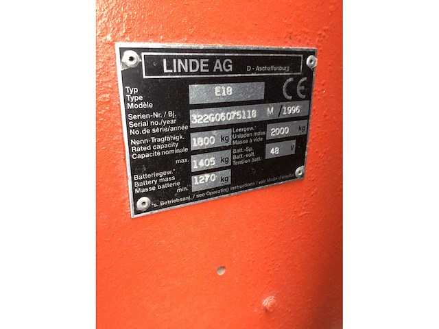 1996 linde e18 vorkheftruck - afbeelding 2 van  22
