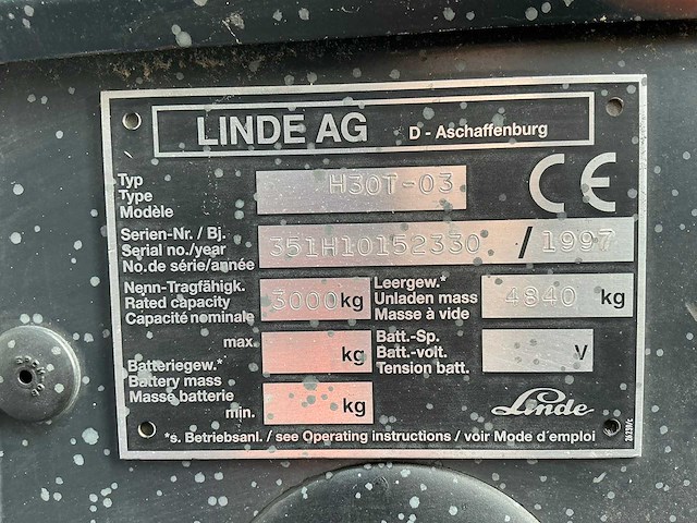 1997 linde h30t-03 vorkheftruck - afbeelding 4 van  12