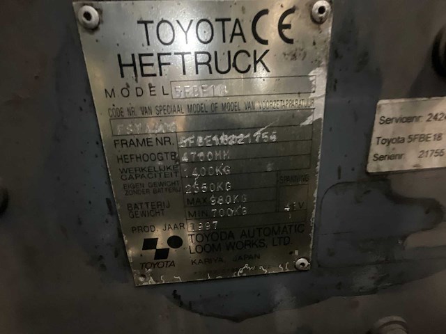 1997 toyota 5fb18 vorkheftruck - afbeelding 15 van  25