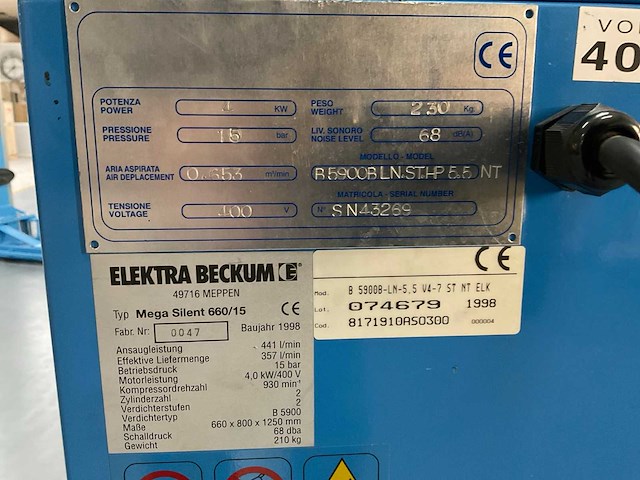 1998 elektra beckum mega silent 660/15 schroefcompressor - afbeelding 7 van  7