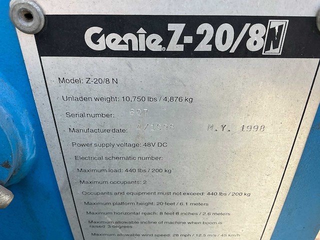 1998 genie z20/8n hoogwerker defect - afbeelding 16 van  23