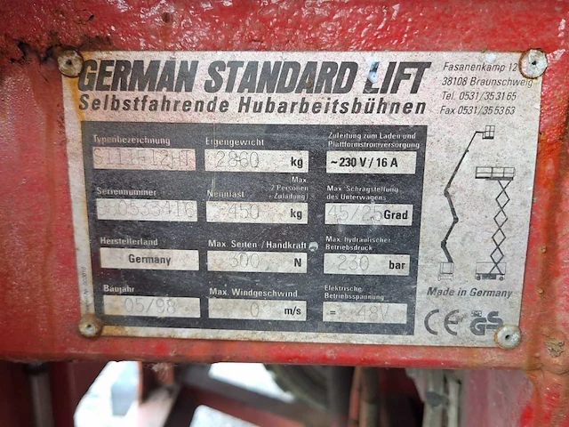 1998 german standard lift s 111 e 12 ht elektrische schaarhoogwerker – 13,1 m – 450 kg - afbeelding 8 van  8