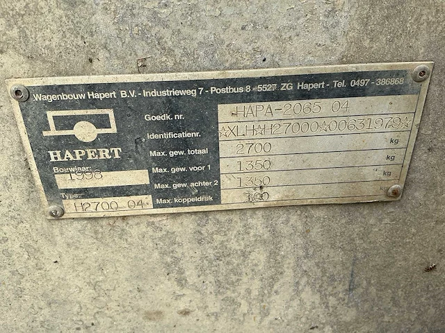 1998 hapert h2700-04 aanhangwagen/oprijwagen (machinestransporter) - afbeelding 24 van  24