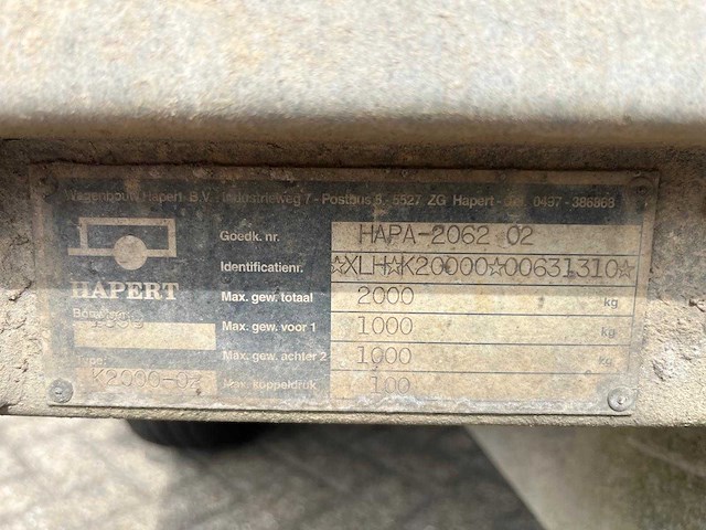 1998 hapert v2000-02 geremde tandemasser aanhangwagen – 2.000 kg - afbeelding 12 van  12