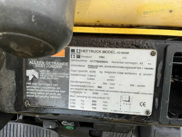 1998 hyster h2.50xm vorkheftruck - afbeelding 8 van  22