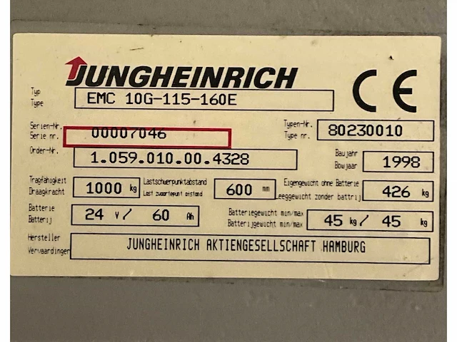 1998 jungheinrich swift emc 10g-115-160e stapelaar - afbeelding 2 van  10