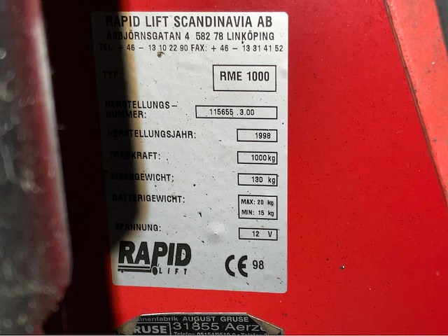 1998 rapid rme 1000 elektrische hoogheffer palletwagen - afbeelding 9 van  9